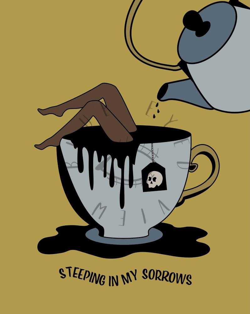 Steeping in my Sorrow Print. Digital Print. Yellow. Bleu. Blue. Legs. Tea cup. Tea Pot