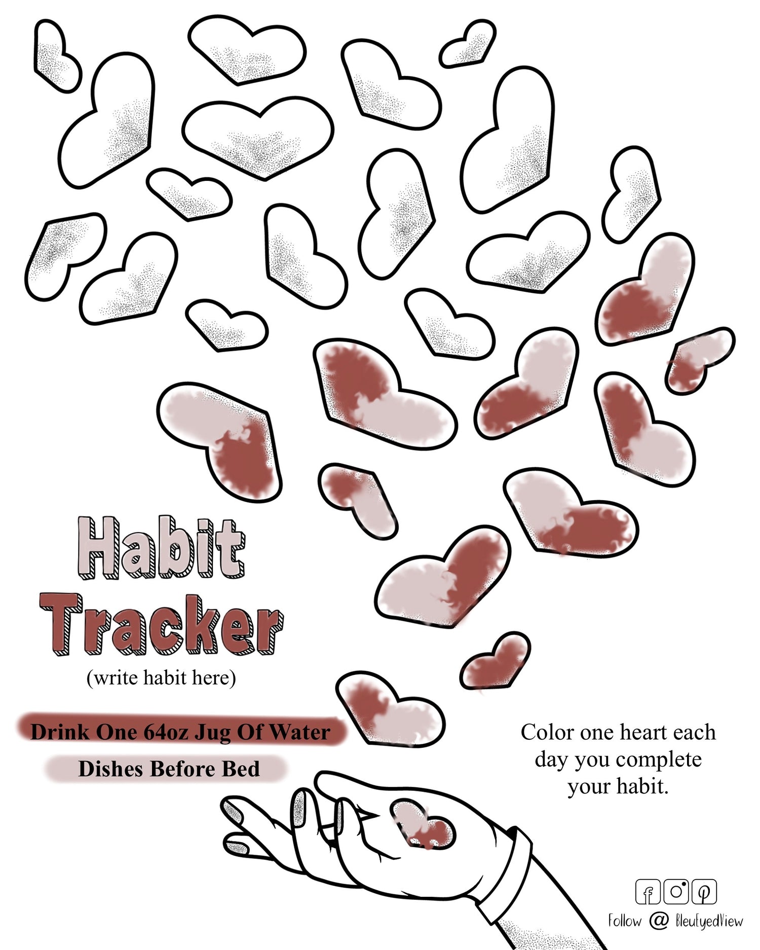 Inviting Love. Habit Tracker. Bleu Eyed View. Tracker. Hearts. hand and Hearts. Habit. Printable. Digital Download.